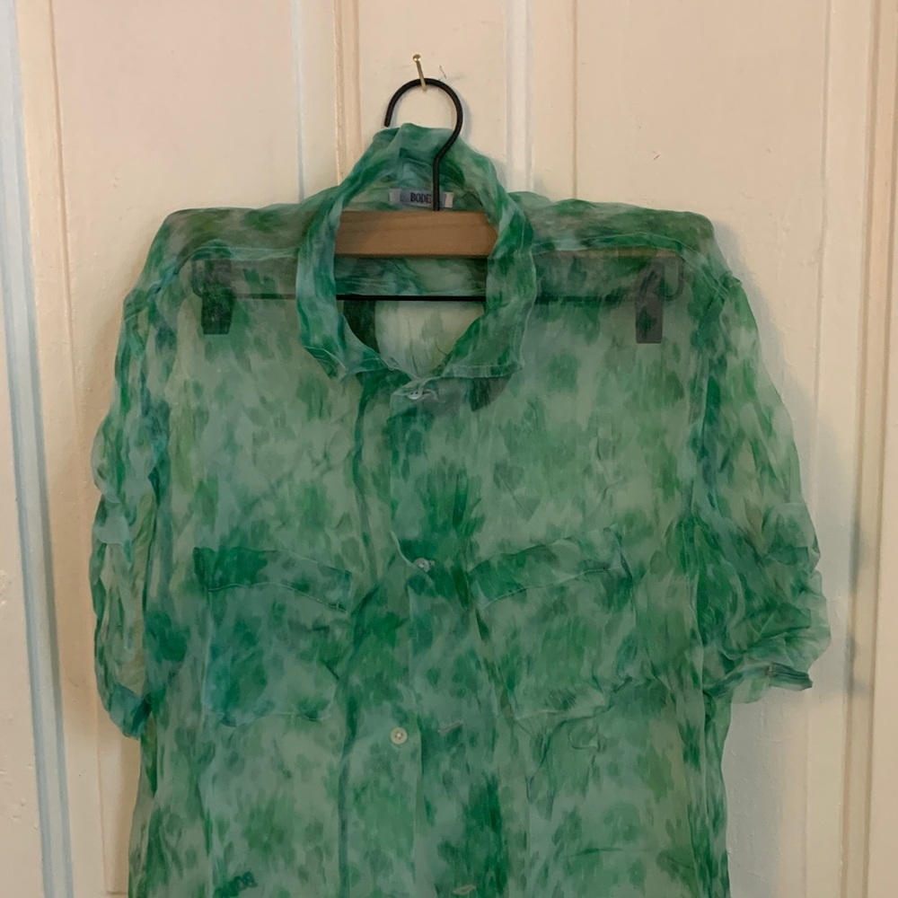 BODE Green Sheer Button-Up Blouse